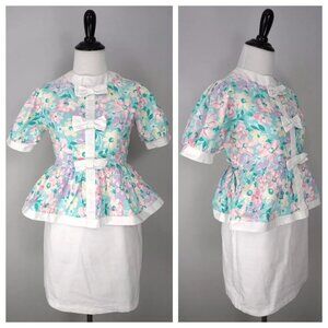 Vintage 80s ROANNA Girls White Corduroy Turquoise Green Floral Bow Dress Size 14